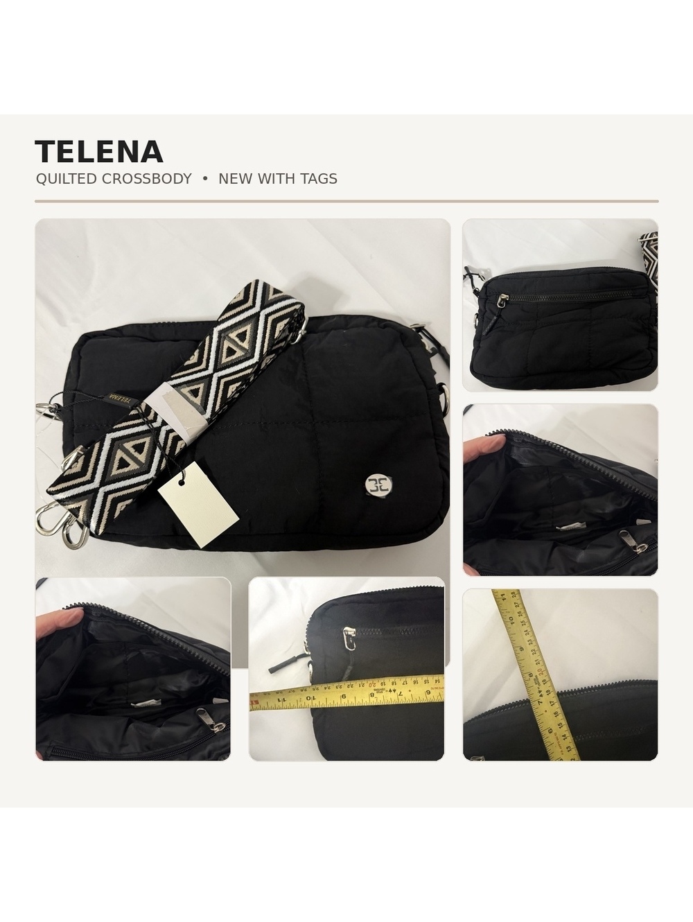 TELENA Black Quilted Crossbody Bag with Geometric Strap - NWT